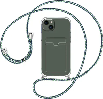 Produktbild von Handykette Backcover-Schutzhülle mit Band (Metall silberfarben) für Apple iPhone 15 Plus - grün/blau/weiß