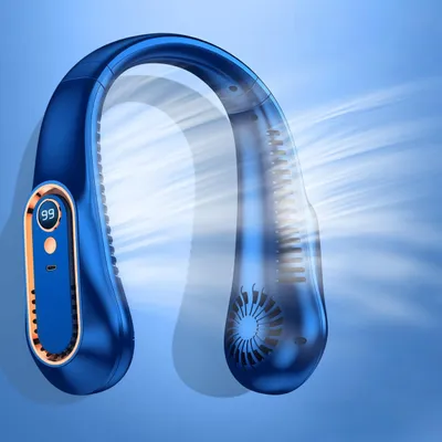 Produktbild von Tragbarer Nackenventilator, Halsventilator mit 4000mAh , Flügelloser Ventilator, 5 Geschwindigkeiten, Digitalanzeige, 4‑Kanal Nackenventilator, Blau