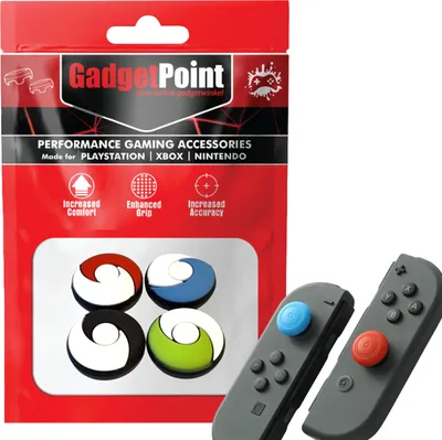 A product package for gaming accessories, with the accessories themselves visible inside and a pair of controllers shown next to it.