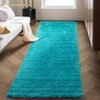 Produktbild von Teppich Wohnzimmer Hochflor Einfarbiges Design Langflor Shaggy Modern Flauschig, Größe: 80 x 250 cm, Farbe: Türkis
