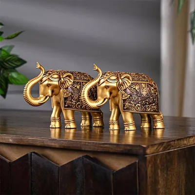Productafbeelding van Set van 2 Olifant Beelden Slurf Omhoog | Decoratieve Figurines voor Woonkamer en Bureau