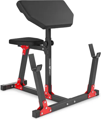 A black and red weightlifting bench for biceps and triceps exercises.