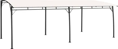 A white canopy tent with black metal poles against a white background.