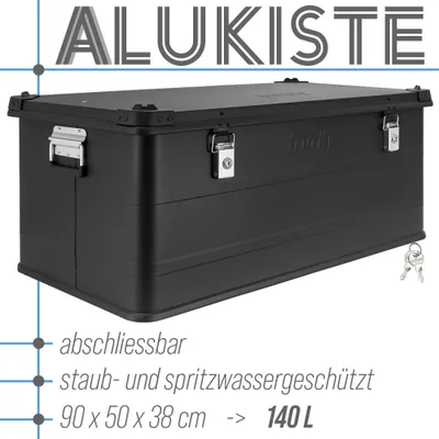 Produktbild von Aluminium Box mit Deckel Schwarz Alu Kiste Alukiste Auswahl Transportbox Metallbox Aufbewahrungsbox Boxen Abschliessbar Metallkiste Trucky, Größe:140 L