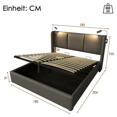 Productafbeelding van Bekleed bed 180 x 200 cm met bedbox met hydraulisch mechanisme, LED-leeslamp, 2 USB-poorten, Polyurethanleer, grijs