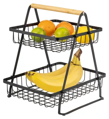 Image de Présentoir à fruits à deux niveaux Eluno, coupe à fruits, panier à fruits en bambou et métal noir