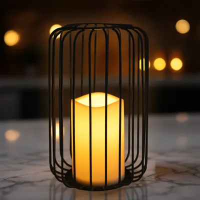 Produktbild von 3.12 Metall Windlicht in schwarz mit LED Kerze - ca. 22 x Ø 14 cm - Laterne beleuchtet mit Timer für Innen und Außen