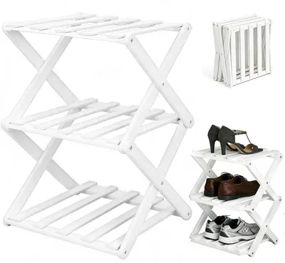 Immagine prodotto di Scaffale per scarpe, 3 ripiani, pieghevole, in bambù bianco, verticale, salvaspazio