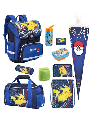 A collection of Pokemon-themed school supplies, including a backpack, pencil case, lunch box, water bottle, duffel bag, and a school cone.