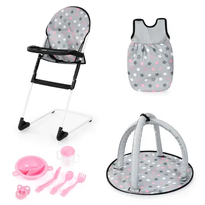 Produktbild von Bayer Design 63207AC Puppenhochstuhl, Spielbogen, Puppenschlafsack und Puppenzubehör für Rollenspiele der Kinder, Spielset ab 3+ Jahren
