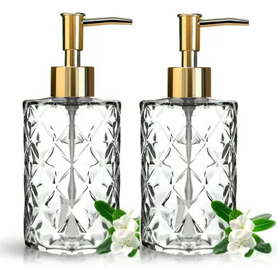 Image de Distributeur de savon en verre de 330 ml, pour la cuisine et la salle de bains, en verre noir avec pompe en plastique, pour le liquide vaisselle et le savon liquide (transparent doré).