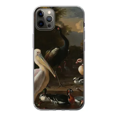 Produktbild von MuchoWow® Handyhülle Schutzhülle Hülle für iPhone 12 Pro Max Ein Pelikan und andere Vögel in der Nähe eines Wasserbeckens - Gemälde von Melchior d'Hondecoeter Silikon Softcase Handy Hülle - Hartschale