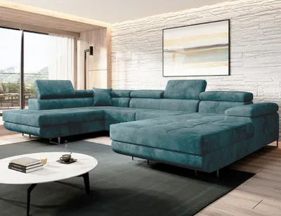 Produktbild von Easy4You Türkis Ecksofa Varberg Velours in U-Form 345 x 72 x 205 cm mit Schlaffunktion und Bettzeugbehälter - Schlafsofa mit Bettkasten - Eckcouch mit Stauraum - Stoff: Monolith 72