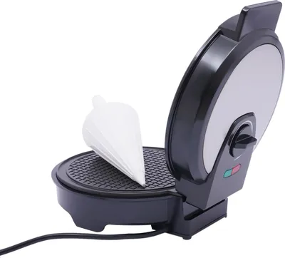 Produktbild von Eiswaffel- & Hörnchenautomat - Elektrisches Waffeleisen - 1200 W - Antihaftbeschichtung - 150–200 °C - 220–240 V - 24×21×10,5 cm - Schwarz