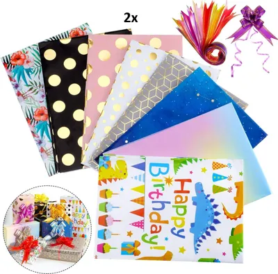 Produktbild von 16 Stück Geschenkpapier 70 x 50 cm mit 24 Stück bunte Schleifen für jede Anlass, Geburtstag, Hochzeit, Baby, Kinder, Halloween, Weihnachten und mehr