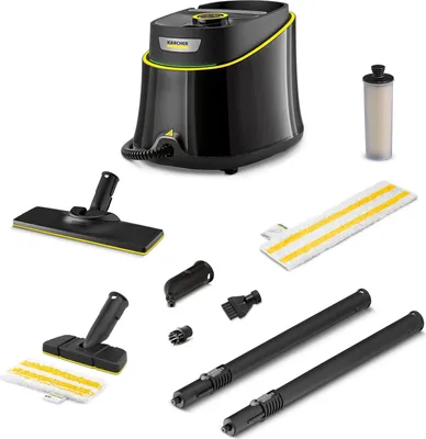 A Kärcher steam cleaner and its accessories are displayed on a white background.