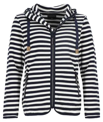 Produktbild von Wattlöper Damen Strickfleecejacke im Streifen-Design - Gestreifte Fleecejacke mit Kapuze in Dunkelblau-Weiß Größe XL