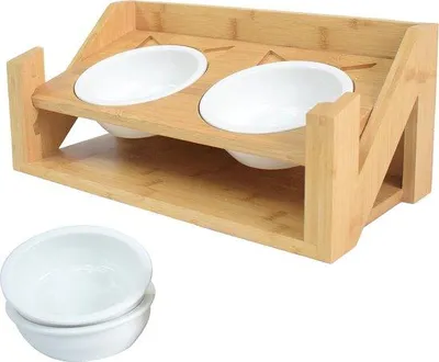 Produktbild von Famanu Futterstation für Katzen und kleine Hunde - höhenverstellbar, 350 ml, Keramik, 4 Schalen, Bambus Holz