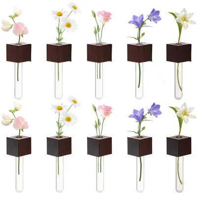 10 Mini-Vasen Kühlschrankmagnete Holz Reagenzglasform Walnuss