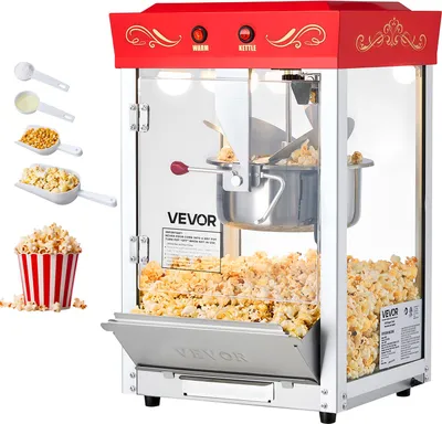 Obrázok produktu pre VEVOR popcornovač s kanvicou z nehrdzavejúcej ocele, 800 W komerčný popcornovač, 48 šálok na jednu náplň, cinema style, s 2-tlačidlovým ovládaním, sklenená stena, PC dvierka, 1 porciovač, 3 lyžice, červený
