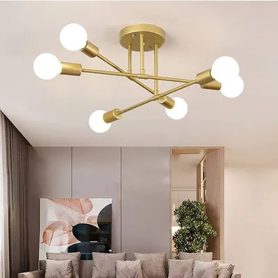 6-flammige Retro-Deckenleuchte E27, Gold, 52 cm, Metall