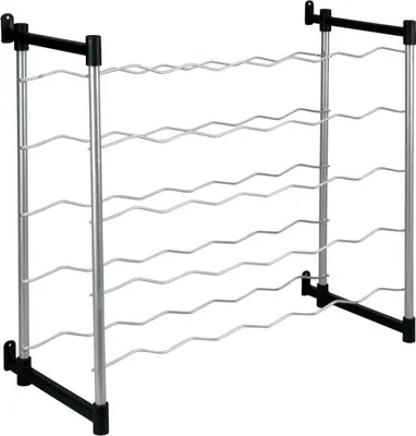 A freestanding wine rack with multiple shelves.