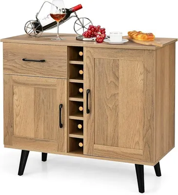 Immagine prodotto di Mobiletto contenitore in legno, armadietto da cucina con 2 ante, 1 cassetto e ripiano per 6 bottiglie di vino, credenza in stile rustico, mobiletto buffet per vino per cucina, sala da pranzo o soggiorno, 90 x 40 x 79 cm, colore naturale