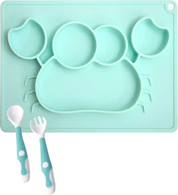 Produktbild von Essunterlage für Babys, Teller mit Löffel und Gabel, Set – rutschfestes Silikon-Tischset mit Saugnapf für Kleinkinder, BPA-frei