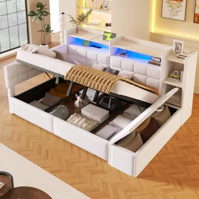 Produktbild von Kinder-Stauraumbett mit hydraulischem Bettkasten, 3 Schubladen & LED-Licht, Samt in Beige, 140x200cm