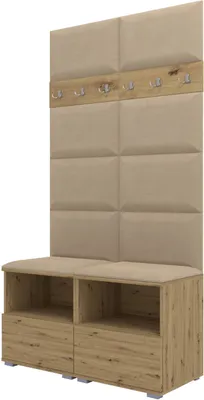 Obrázek produktu pro Šatní sestava Nela III, čalouněná šatní skříň se dvěma botníky, nástěnné panely a věšáky (barva: dub Artisan + Trinity 04 (béžová))