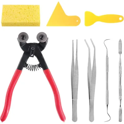 Productafbeelding van Swpeet 8-delige mozaïek gereedschapsset met glazen mozaïek tang, rolmes, 2 schrapers, 2 pincetten, haken en spatel voor mozaïektegels