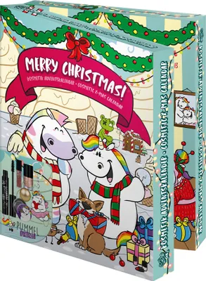 A Christmas advent calendar with a cartoon unicorn theme, featuring makeup products.