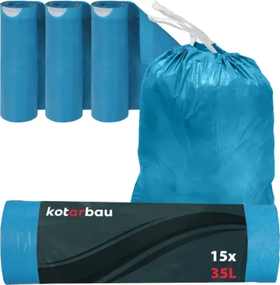 Immagine prodotto di KOTARBAU® Set di 3. Fodere per bidoni 35L con coulisse blu Fodere per bidoni resistenti agli strappi Sacchi per rifiuti domestici Fodere per bidoni con coulisse Fodere per bidoni blu