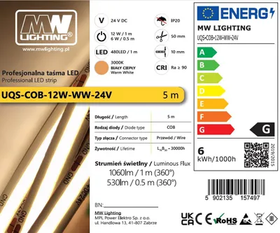 Immagine prodotto di Striscia LED COB 12W 480 chip/m 24V bianco caldo 5m