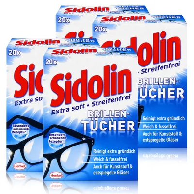 Produktbild von Sidolin Brillen Putztücher 20 Tücher - Extra Soft & Streifenfrei (4er Pack)