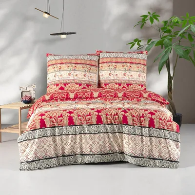 Produktbild von Bettwäsche 200x200 Rot 3-teilig Baumwolle, Kuschelig & Warm Barock Bettbezug Blumen, Blatt  Beige, Schwarz, Creme, Miza