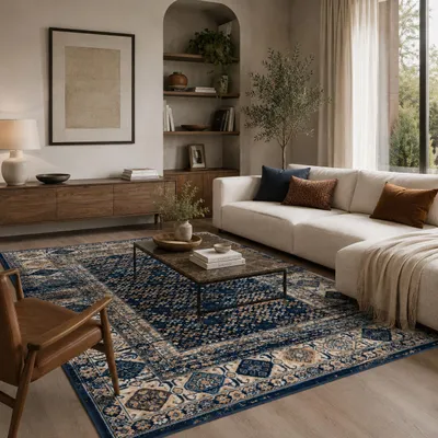 Produktbild von Designer Teppich Pop-Vintage Orient Blau Beige Bordüre, Größe:160x230 cm, KI-generiertes Bild