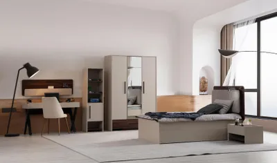 Produktbild von Stilvolles Modernes Schlafzimmer Set Textilbett Schreibtisch Schrank
