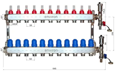 Imagen del producto de Colector para circuito de calefacción, 11 circuitos, 576 mm, acero inoxidable, sin juego de válvulas