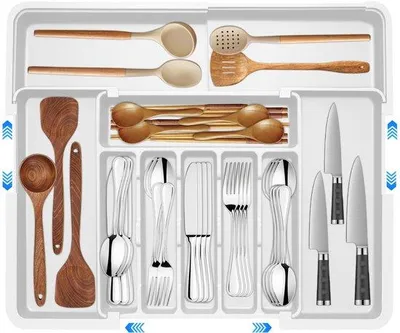 Productafbeelding van Unyqoos® Verstelbare bestekhouder, 9 compartimenten, BPA-vrij kunststof, 37×33,3×5,2–56×48×5 cm, voor flexibele organisatie in de keuken