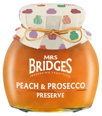 Zdjęcie produktu dla Dżem brzoskwiniowy Mrs Bridges uszlachetniony konfiturą Prosecco 340 g