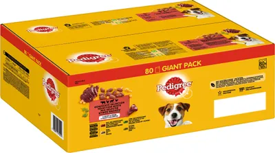 Produktbild von PEDIGREE® Portionsbeutel Multipack Giant Pack Adult Gemischte Selektion in Gelee 4 Varietäten mit Huhn, Rind+Leber, Geflügel, Lamm+Leber 80 x 100g