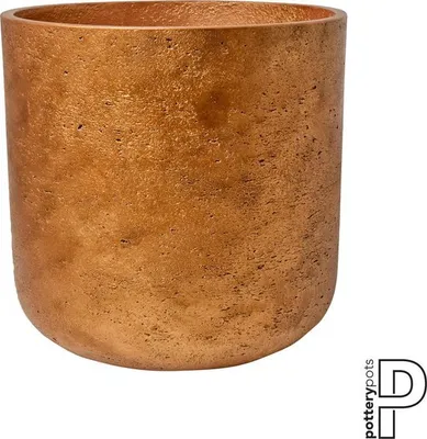 A close-up studio shot of a metallic copper-colored planter pot against a white background. A logo is visible in the bottom right corner.