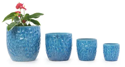 Produktbild von Keramik-Pflanztopf-Set 4-teilig Ø38/30/22,5/18cm, Hochglanz, Hammerschlag-Relief, frostsicher. Blue