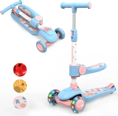 Produktbild von BremToy Kinderroller, Kinder Scooter mit klappbarem Sitz, LED Vorderrädern, höhenverstellbar, für Kinder von 2-8 Jahren (blau-rosa)