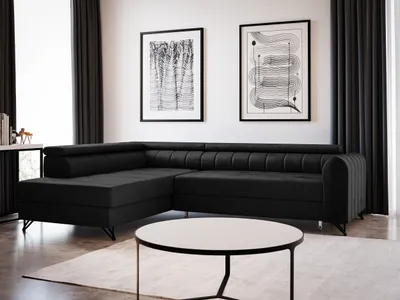 Produktbild von Ecksofa Alice mit Schlaffunktion und Bettkasten, Wohnlandschaft mit einstellbare Kopfstützen, Couch, Sofa, Bettsofa, Schlafsofa (Schwarz (Kronos 07), Ecksofa Links)