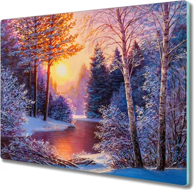 Produktbild von Coloray Hackbrett Küchenbrett Kochplattenabdeckung Schneidebrett Herdabdeckplatte 60x52 cm - Wald Fluss Schnee Sonnenuntergang