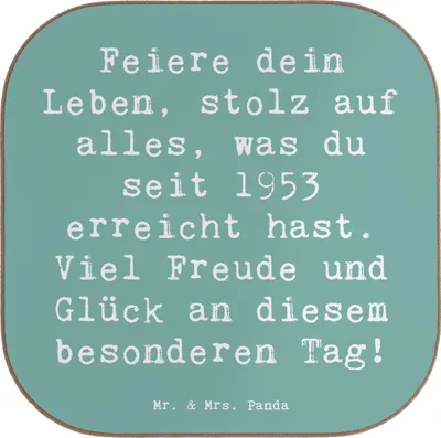 Produktbild von Mr. & Mrs. Panda Tischschoner Spruch 1953 Geburtstag - Meeresbrise - Geschenk, Jubiläum, Geburtstagsgeschenk, Alter, Happy Birthday, Freude und Glück, Holzuntersetzer
