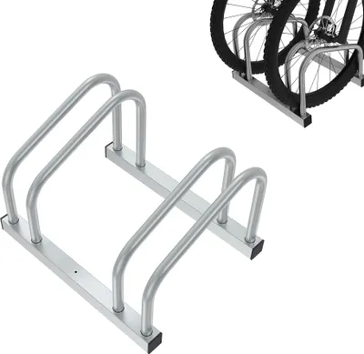 Produktbild von JOIEYOU Fahrradständer für 2 Fahrräder Fahrradhalter Aufstellständer Boden und Wand Montage Radabstand Verzinken Mehrfachständer für 30-65mm Reifenbreite Mountainbike Rennrad MTB, Silber