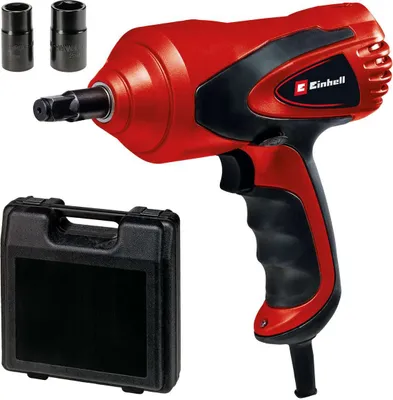 A red and black electric impact wrench with two sockets and a black carrying case, presented on a white background.